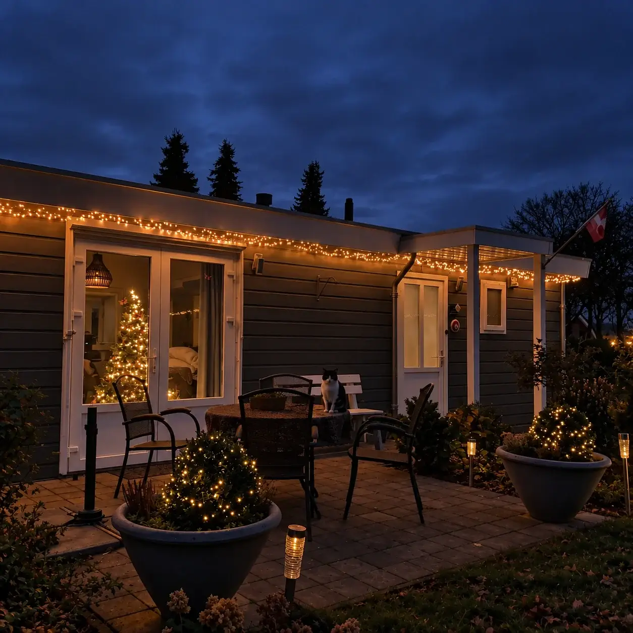 Het chalet in de kerstperiode, met kerstverlichting langs de dakrand en een verlichte kerstboom achter het raam